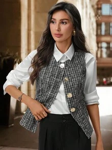 SHEIN Clasi Women's Elegant Commuter Color Block Shirt, Suitable For Work, Commuting, And Teacher - Black and White - View 5