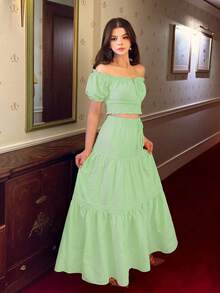 Elenzga New Women's Off Shoulder Puff Sleeve Bowknot Waist A-Line Skirt Set, Vacation Casual Fashion Young Daily Versatile Flattering Elegant - Green - View 5
