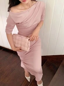 DAZY Váy dài vừa phải thanh lịch, xẻ tà vai, ôm sát, xẻ tà bên hông dành cho nữ - Hồng - Xem 2