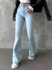 SHEIN Tall 98%纯棉拉链破洞喇叭裤牛仔裤 - 中等水洗藍 - 查看 3