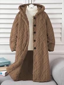 SHEIN 青少年女孩休闲宽松单排扣连帽蓬松夹克，长袖