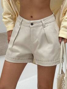 EURMUSE Quần short denim giản dị đơn giản cho mùa hè - Màu be - Xem 4