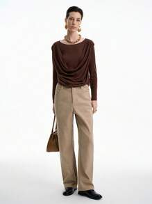 Aalyst Women's Elegant Fashion Commuter Casual Comfortable Charming Retro Long Sleeve Round Neck 2 In 1 Loose Collar Solid Color T-Shirt Fall Cloth For Women - Mocha Brown - View 4