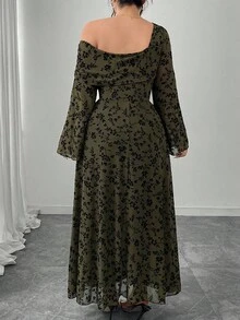Modelyn 大码女式不对称露肩植绒花朵修身长袖连衣裙 - 軍綠色 - 查看 2