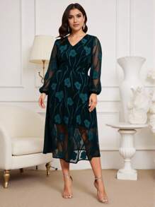 Flouryn Vestido elegante con cuello en V y abertura, bajo acampanado, adecuado para uso diario, tallas grandes