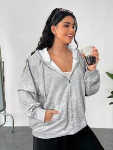SHEIN EZwear Áo nỉ dài tay có mũ dành cho nữ cỡ lớn, kiểu dáng thường ngày, thích hợp cho mùa thu đông. - Xám - Xem 3
