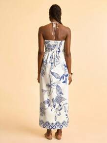 CAJUNI Women's Tropical Bohemian Style Blue Floral Print Wrap Halter Neck Backless Maxi Dress With Ruffle Bust Design