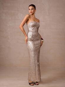 Lumalex Vestido de sirena con textura ondulada de lentejuelas para mujer, necesario para fiestas de otoño e invierno, elegante, glamoroso, de nuevo estilo, de lujo, para fiestas, reuniones, banquetes, modestos, de brillo, para fiestas, festivales, vacaciones, bodas, Eid Al-Adha, Año Nuevo, con decoración perlada, en color champán y dorado - Caqui - Ver 4