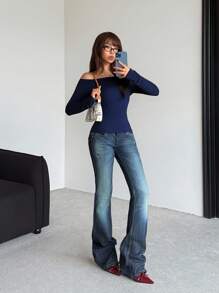 SHEIN 少女纯色针织露肩长袖修身休闲上衣 - 藏蓝色 - 查看 3