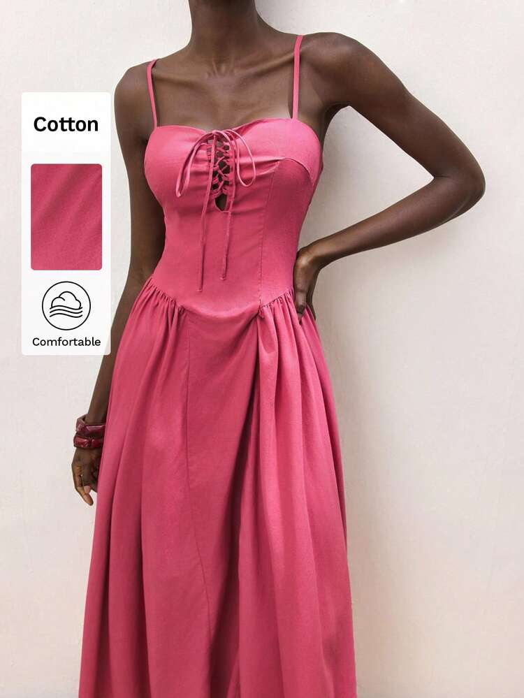 SHEIN Maija Women's Elegant Hot Pink Woven Fabric Maxi Dress With Spaghetti Straps And Lace-Up Detail