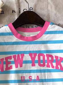 SHEIN 2pcs/Set Young Girl Casual Blue Striped With "NEW YORK" Graphic, Contrast Pink, Back To School, Collegiate Style, Short Sleeve Top And Shorts, Cute Summer Outfit