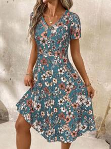 SHEIN Clasi V-Neck Button Red Floral Print Waist Cinched Women Dress,Spring Dress,Valentine Day Dress,Casual - Dusty Blue - View 3