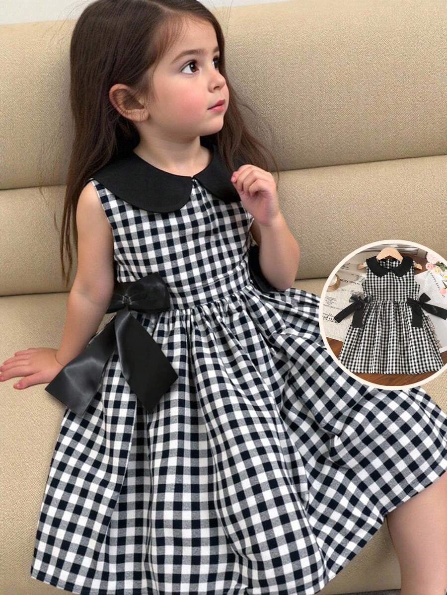 SHEIN 小女孩黑白格子蝴蝶结装饰可爱甜美彼得潘领束腰连衣裙 - 黑與白 - 查看 1