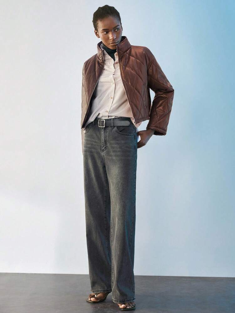 SHEIN Maija Women's Solid Color Stand Collar Long Sleeve Padded Coat Quilted Jacket Crop Jackets Brown Clothes Brown Jacket In Fall/Winter