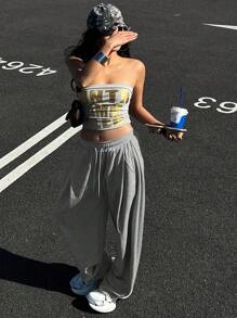 DAZY 女士纯色宽松褶皱运动裤，休闲运动裤，保暖内衬，厚款，适合秋冬季女士慢跑裤 - 淺灰色 - 查看 8