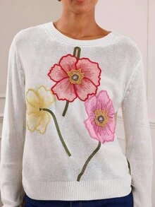 Lilora 2025 Frühherbst Städtisch Lässig Resort Elegant Retro Weiß 3D Blumen Stickerei Langarm Locker Leicht Damen Pullover Sweater, geeignet für Valentinstag, Retro, Date Night, formelle Anlässe, bequem, lässig, Outdoor - Weiss - Übersicht 9