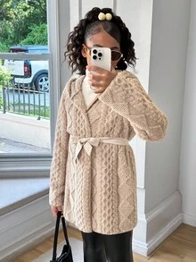 SHEIN Girls' Basic Casual Cute New Hooded Warm Jacket, Autumn/Winter - Camel - View 5