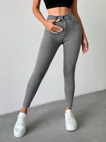 EURMUSE 97% Cotton Women Fashion Simple Design Summer Solid Skinny Jeans - Medium Wash - View 4