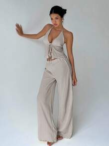 Flirla Textured Fabric Pleated Halter Neck Loose Wide Leg Pants Set - Grey - View 5