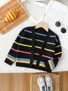 SHEIN 女童开衫，彩色条纹撞色简约日常针织毛衣，女童条纹开衫，针织开衫，女童开衫毛衣，儿童条纹毛衣，女童开衫，秋冬季 - 黑色 - 查看 1