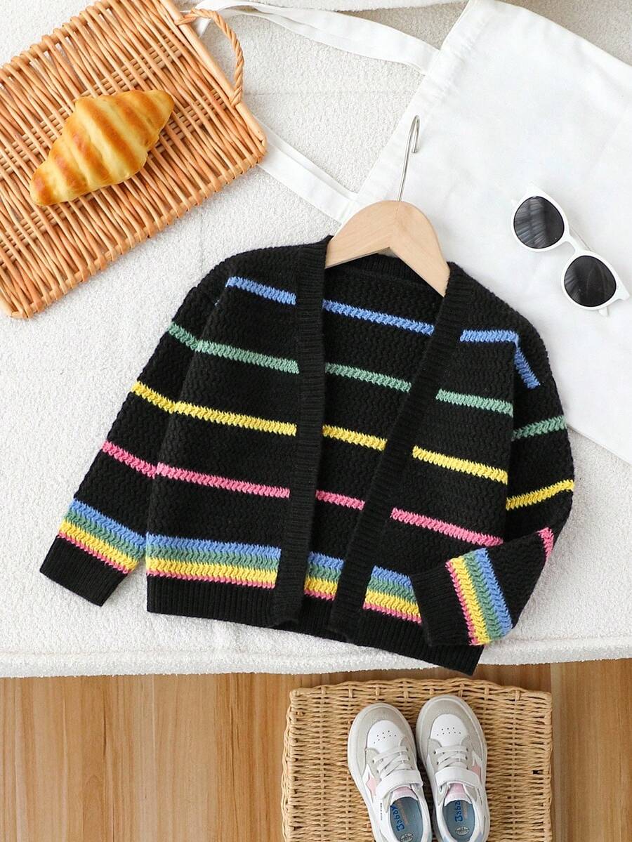 SHEIN 女童开衫，彩色条纹撞色简约日常针织毛衣，女童条纹开衫，针织开衫，女童开衫毛衣，儿童条纹毛衣，女童开衫，秋冬季 - 黑色 - 查看 1