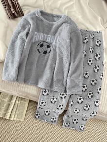 Genkimix Kids Oversized Boys' Sleepwear Set, Comfortable Loose Fit With Plush Fabric, Round Neck Shirt With Large Soccer Embroidery, Plush Pants With All-Over Soccer Pattern, Casual Homewear Pajama Set Boys Football Pajamas Boys Soccer Lounge Set Boys 2 Piece Pajama Set Boys Fleece Pajamas Boys Sleepwear Set 8Y-12Y Fall Winter - Grey - View 1