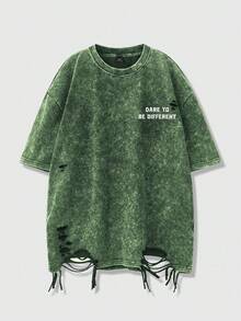 Manfinity EMRG Men's Summer Slogan Print Distressed Crew Neck Short Sleeve Casual T-Shirt Green Graphic Tees Distressed Tshirt