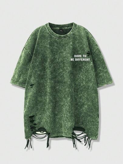 Manfinity EMRG Men's Summer Slogan Print Distressed Crew Neck Short Sleeve Casual T-Shirt Green Graphic Tees Distressed Tshirt