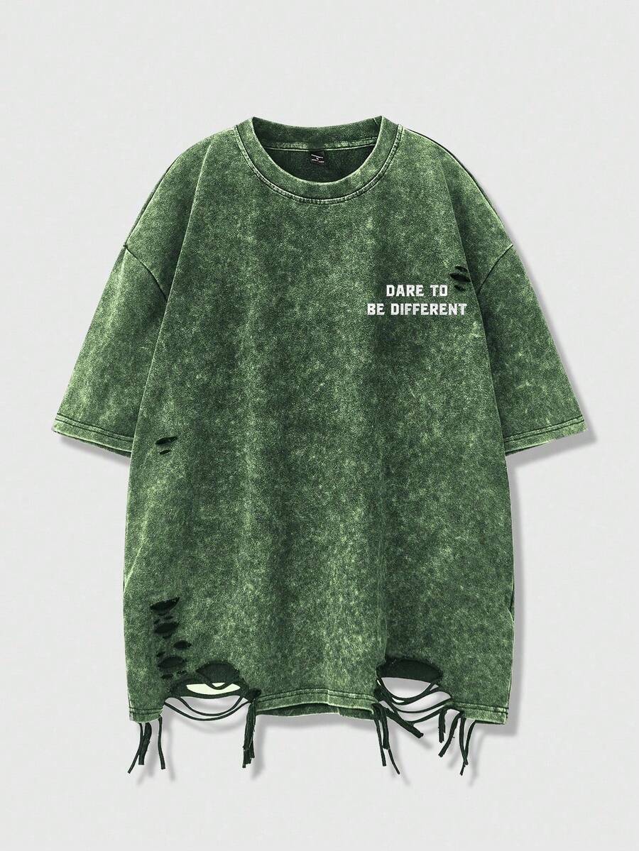 Manfinity EMRG Men's Summer Slogan Print Distressed Crew Neck Short Sleeve Casual T-Shirt Green Graphic Tees Distressed Tshirt