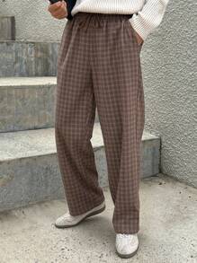 DAZY 秋季格纹面料松紧腰棕色街头潮流男士长裤，适合秋季