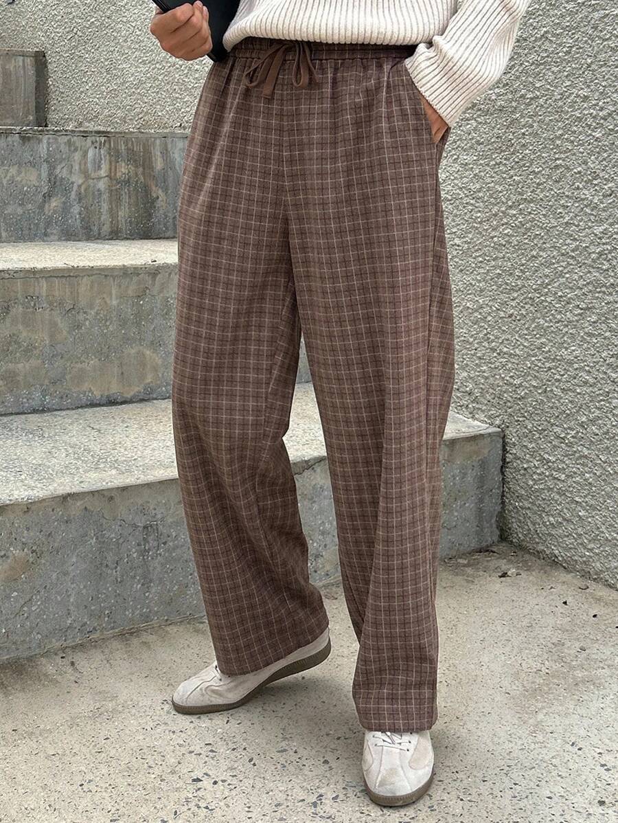 DAZY 秋季格纹面料松紧腰棕色街头潮流男士长裤，适合秋季