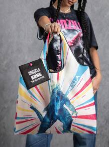 GODZILLAxKONG X SHEIN 1 件卡通图案可折叠购物袋，带小袋的手提包，配有珍珠链可挂在其他包上，适合通勤、购物、旅行，男女皆宜，轻巧便携 - 彩色 - 查看 4