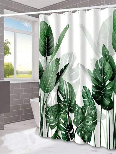 SHEIN 1 szt. Żywa zielona zasłona prysznicowa z motywem liści – wodoodporna, tkana tkanina poliestrowa, łatwa do prania ręcznego, wzór liści, motyw roślinny, akcesorium z przelotką, wodoodporna i odporna na pleśń, idealna do wystroju łazienki, jesienne dekoracje, akcesoria łazienkowe, powrót do szkoły