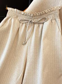 Franclia Women's Spring/Summer Linen-Like Striped Decorative Wide-Leg Pants With Ruffle Waistband, Casual Holiday Style Fall Cloth For Women
