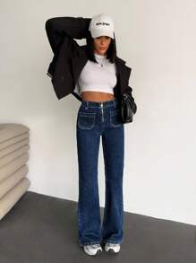 EURMUSE Women's Zipper Collar Pocketed Casual Versatile Flared Jeans Petite Women S Outfits Work Outfits For Women Women Jeans High Waisted - Medium Wash - View 5