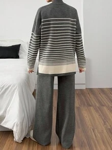 EURMUSE Contrast Hem Grey-Striped Funnel Neck Knitwear Set With Side Slits Comfortable Loungewear Set Two Piece Set Women Womens Two Piece Set Striped Two Piece Set Comfy Two Piece Set,Winter Clothes