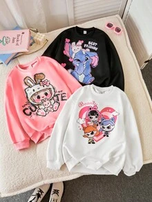 3件套少女休闲卡通印花宽松卫衣，黑/白/粉三色可选，适合春秋季休闲、运动、返校穿着 - 彩色 - 查看 1