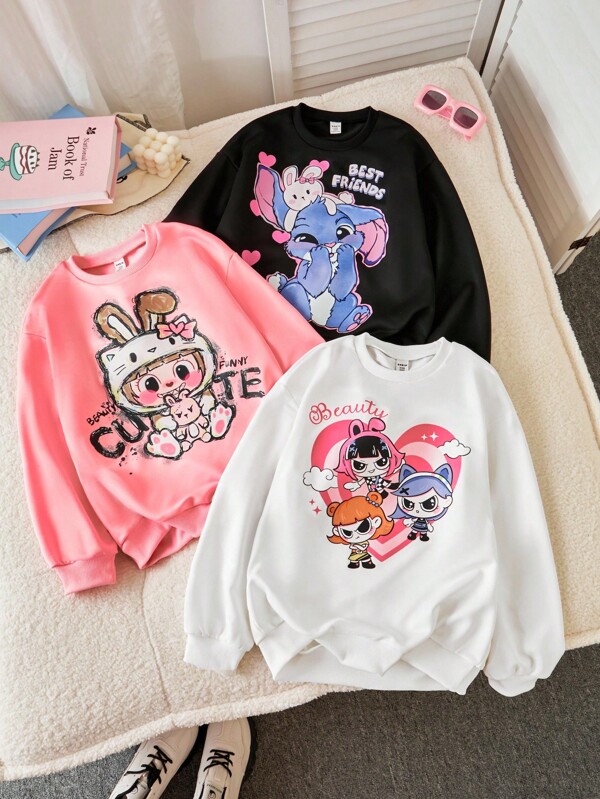 3pcs/Set Tween Girl Casual Cartoon Print Loose Fit Sweatshirt, Black/White/Pink, Suitable For Spring/Autumn Casual, Sports, Back To School Wear