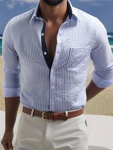 Calvornis Camisa casual de manga larga de un solo pecho con bolsillo y rayas para hombre, otoño - Azul y blanco - Ver 1