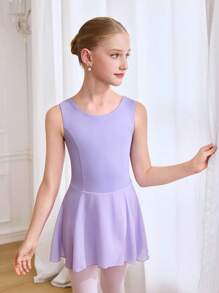 SHEIN Tween Girls Activewear, Tween Girls Dancewear Ballet Tutu Skirt, Back To School Campus Workout, Training Competition, Casual Daily Wear, Fashion Solid Color Knit Chiffon Skirt With Anti-Exposure Design, Comfortable Stretch Dance Jumpsuit Fall Winter