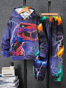 SHEIN 万圣节夜光效果 2 件套青少年男孩休闲街头时尚夜光恐龙图案连帽衫和运动裤套装，适合通勤、学校、日常休闲装、运动、秋冬运动裤套装儿童开学第一天儿童广场男孩开学第一天夜光模式冬季狂欢装 - 黑色 - 查看 5