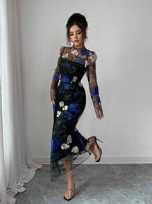 Elenzga 女士优雅时尚通勤休闲舒适迷人复古派对假日修身网眼 3D 刺绣花裙（随机印花） - 黑色 - 查看 3