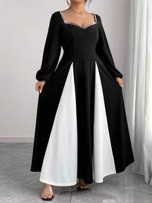 Elenzga Robe de fête en tricot de grande taille avec patchwork au col en forme de cœur perlé et ourlet, pour l'automne/hiver - Noir et Blanc - Voir 6