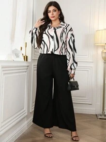SHEIN Clasi 2pcs/Set Plus Size Casual All-Over Print Drop Shoulder Lantern Sleeve Shirt And Wide Leg Pants, Business Casual Women Outfit, Abstract Print Long-Sleeve Shirt & Wide-Leg Pants Set, Everyday Wear, Business Casual Wear