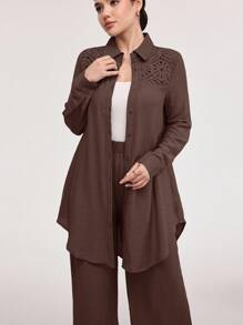 Veilorie 2 件套：女士休闲优雅撞色蕾丝纽扣衬衫和裤子 - 咖啡棕 - 查看 6