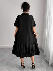 Elenzga Plus Size Casual Vacation Dress With Ruffle Collar Plus Size Ruffle Dress Plus Size Dress Ruffle Dress Plus Size Plus Size Black Dress Plus Size Elegant Black Dress - Black - View 3