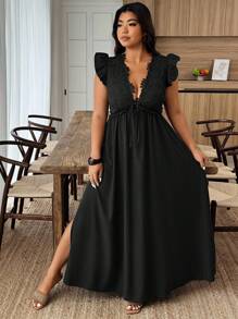 Weeklong 大码纯色深V领盖袖优雅连衣裙 - 黑色 - 查看 5