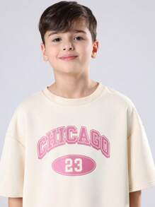 SUMWON Cozy Chicago Collection Two Piece Outfit Matching Unisex Kids Wear Set With Relaxed T Shirt And Wide Leg Pants For Autumn Winter Wear - Apricot - View 5