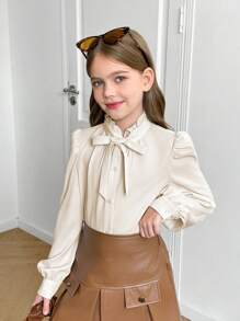 Easowa Young Girl Frenchy Casual Versatile Woven Solid Color Bow Turndown Collar Long Sleeve Fitted White Shirt, Back To School, Back To School, Summer Tops, Young Girl Clothes, Babydoll Top, White Top, White Shirt, Long Sleeve Tops, Cute Tops, Back To School Season, Mom And Daughter & Sisters Matching. - Apricot - View 9