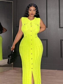 Veslaya 大码女式无袖荧光绿单排扣修身优雅针织连衣裙，秋冬款 - 綠色 - 查看 12